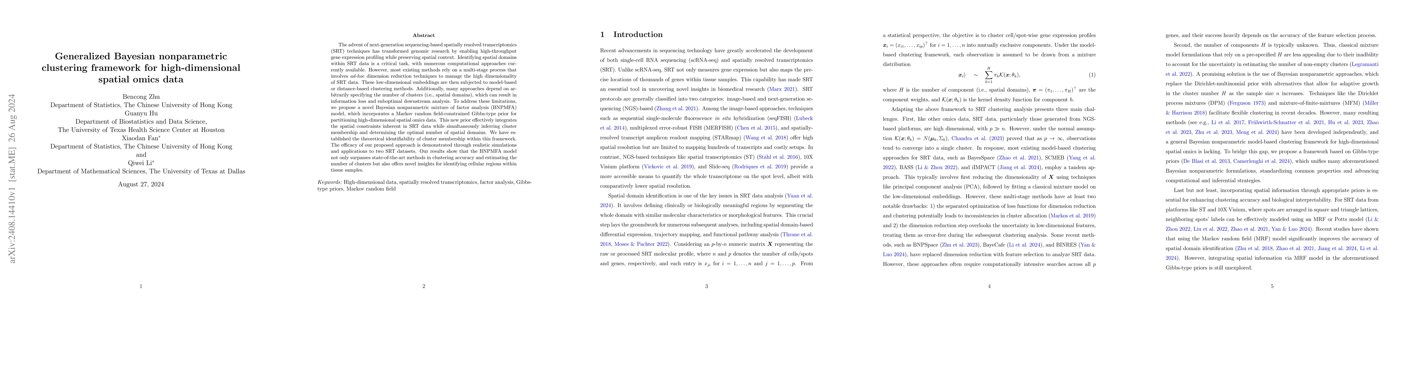 Thumbnail for Generalized Bayesian nonparametric clustering framework for
  high-dimensional spatial omics data