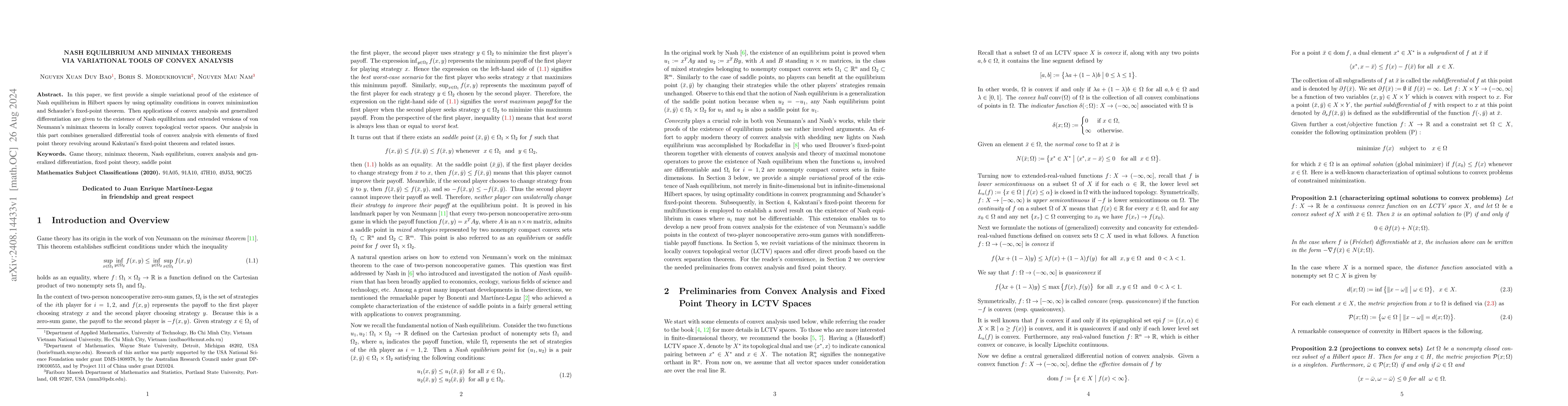 Thumbnail for Nash Equilibrium and Minimax Theorems via Variational Tools of Convex
  Analysis