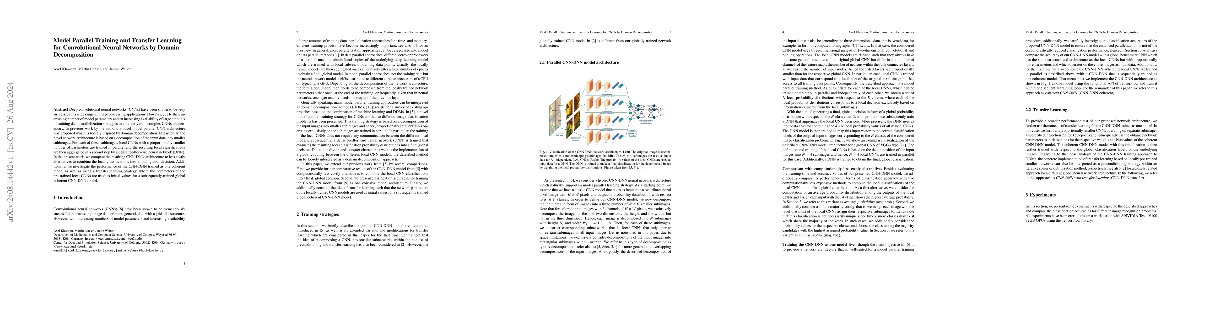Thumbnail for Model Parallel Training and Transfer Learning for Convolutional Neural
  Networks by Domain Decomposition
