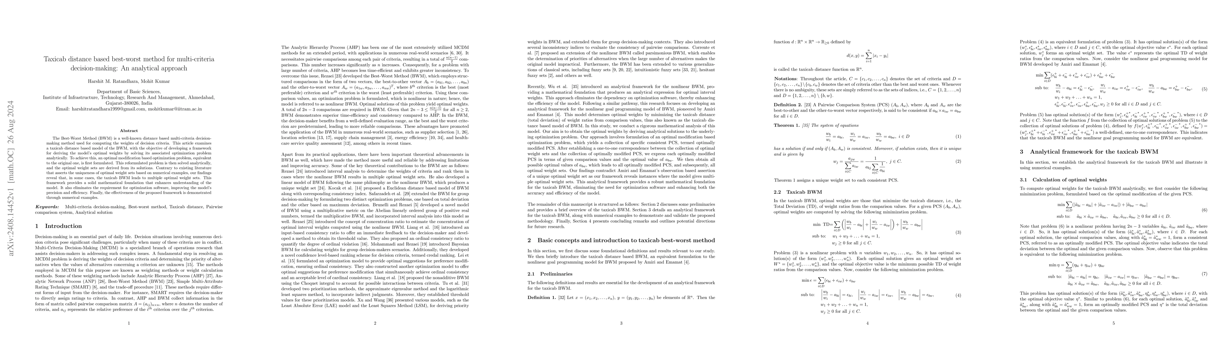 Thumbnail for Taxicab distance based best-worst method for multi-criteria
  decision-making: An analytical approach