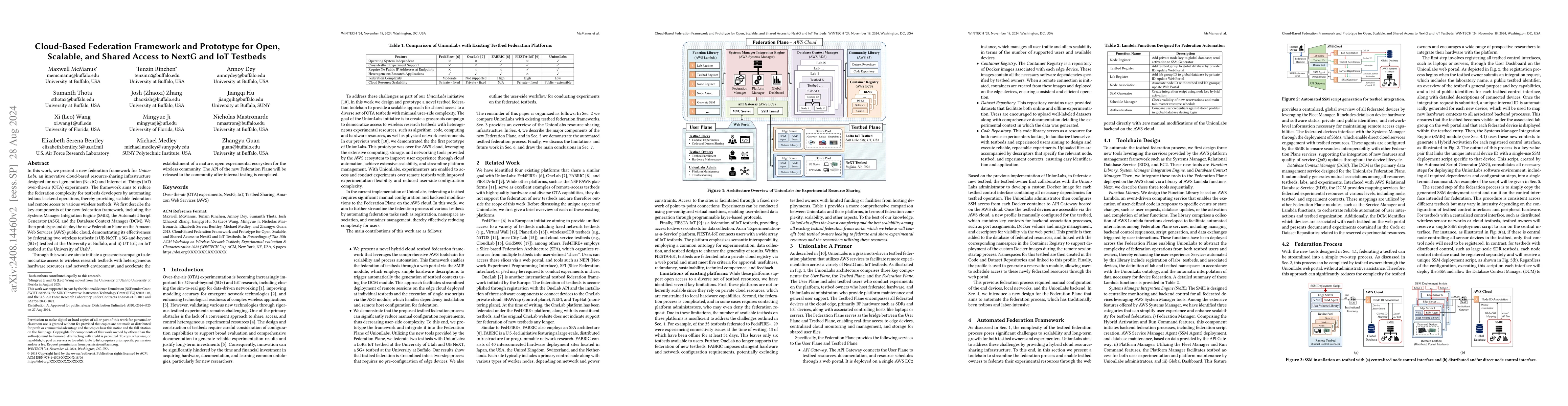Thumbnail for Cloud-Based Federation Framework and Prototype for Open, Scalable, and
  Shared Access to NextG and IoT Testbeds