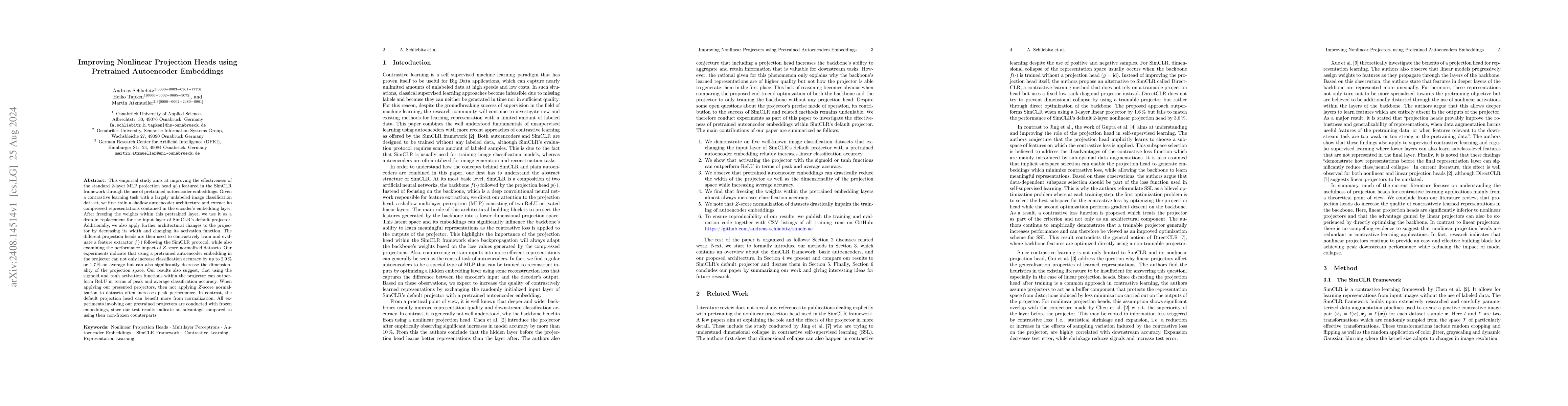 Thumbnail for Improving Nonlinear Projection Heads using Pretrained Autoencoder
  Embeddings