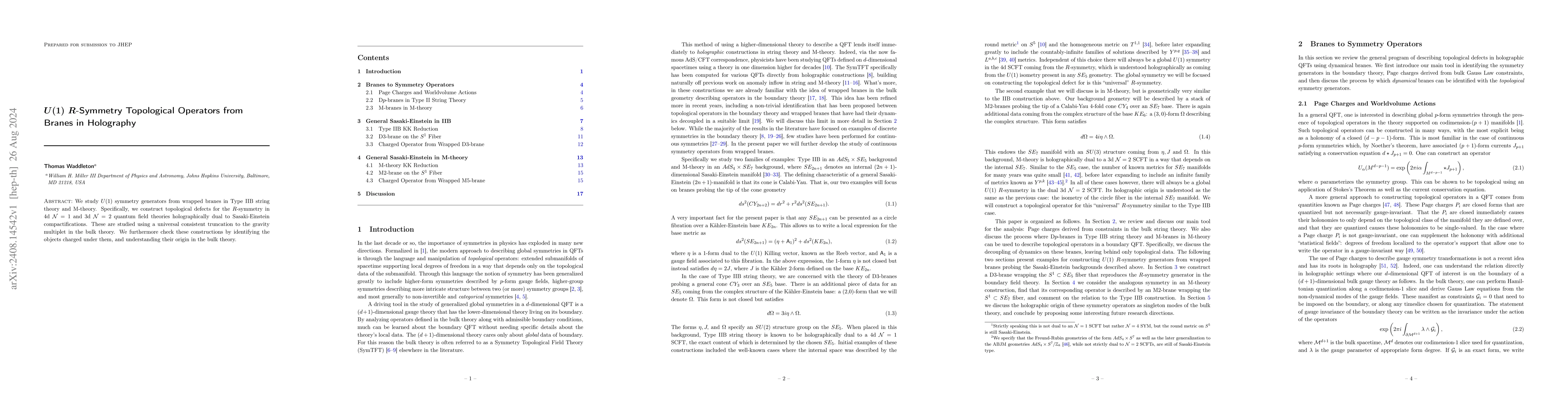 Thumbnail for $U(1)$ $R$-Symmetry Topological Operators from Branes in Holography