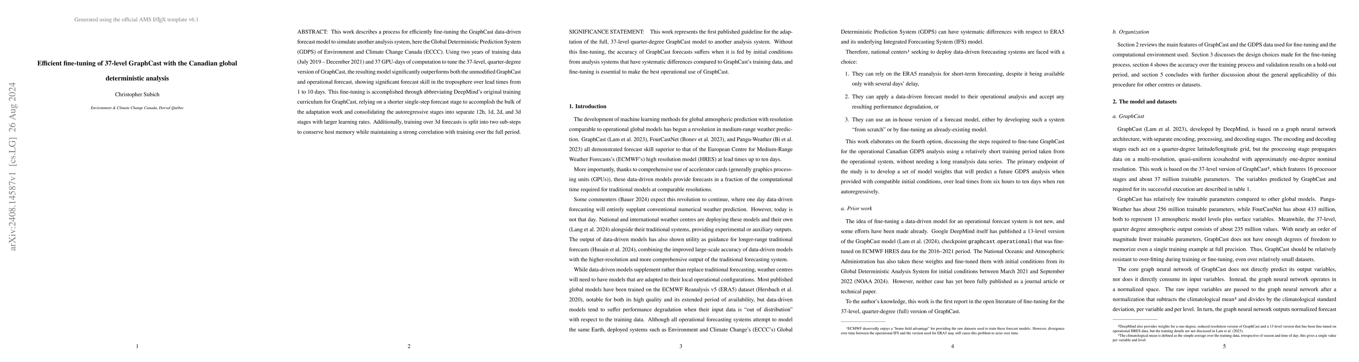 Thumbnail for Efficient fine-tuning of 37-level GraphCast with the Canadian global
  deterministic analysis