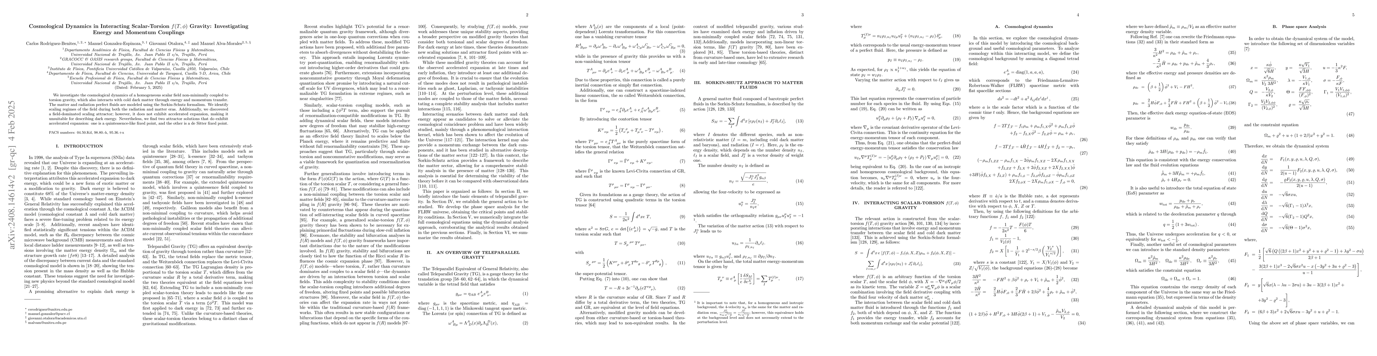 Thumbnail for Cosmological Dynamics in Interacting Scalar-Torsion f(T,$φ$) Gravity:
  Investigating Energy and Momentum Couplings
