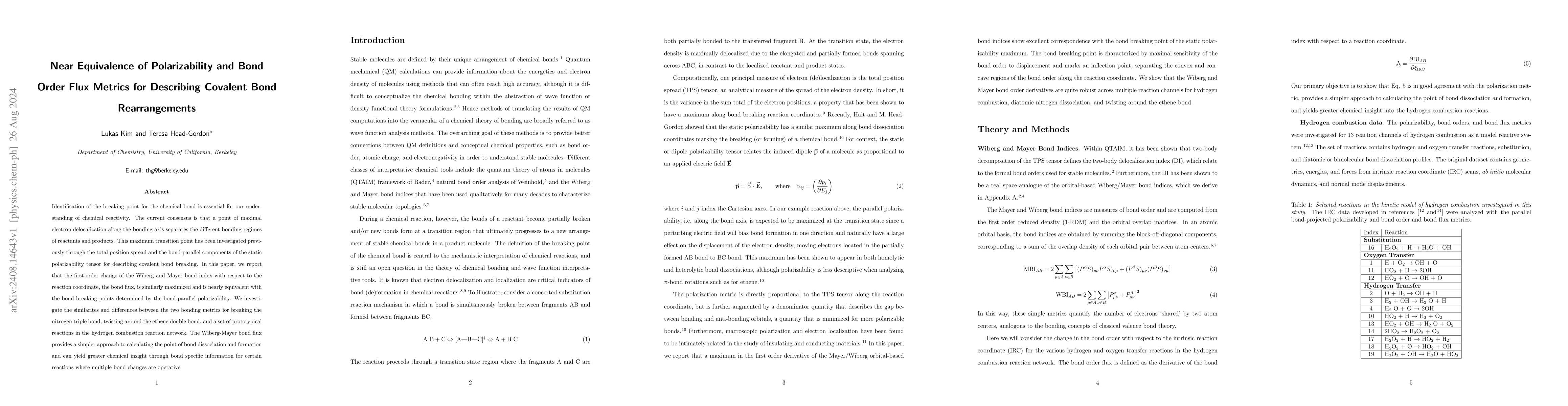 Thumbnail for Near Equivalence of Polarizability and Bond Order Flux Metrics for
  Describing Covalent Bond Rearrangements