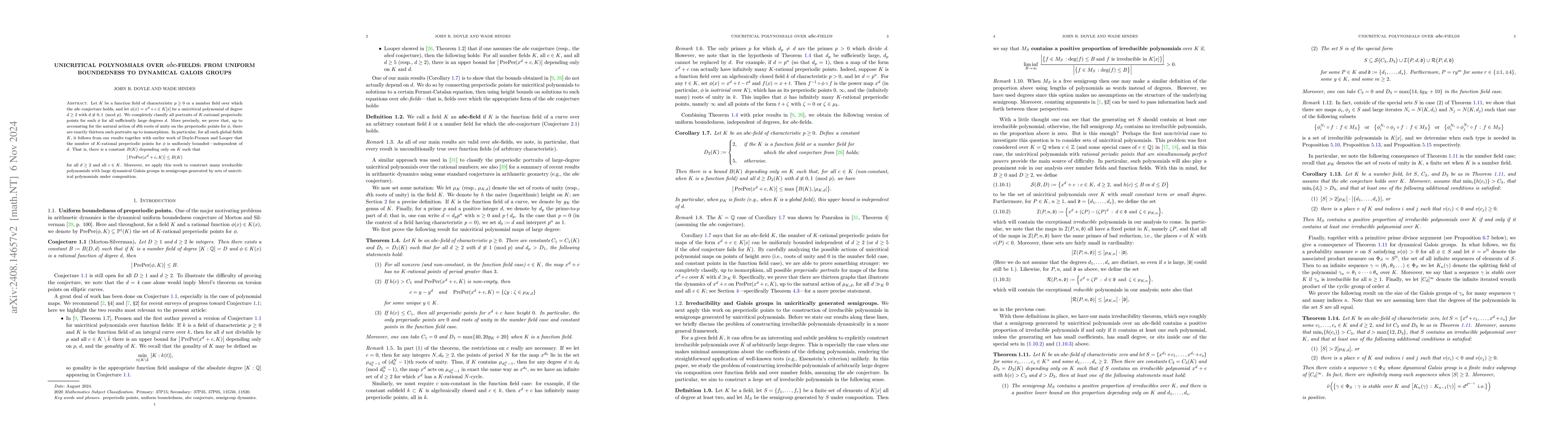 Thumbnail for Unicritical polynomials over $abc$-fields: from uniform boundedness to
  dynamical Galois groups