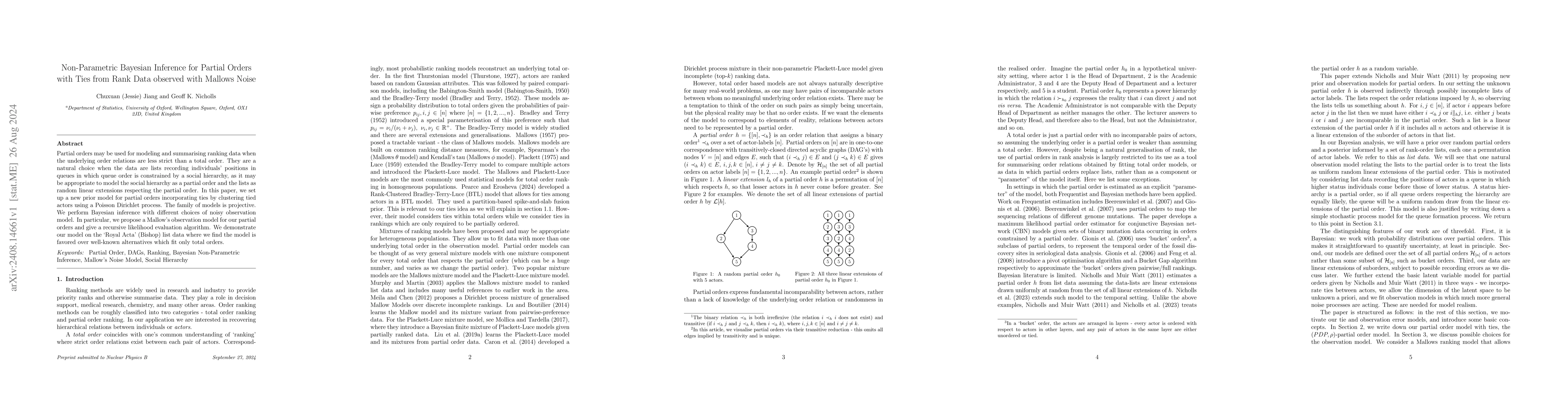 Thumbnail for Non-Parametric Bayesian Inference for Partial Orders with Ties from Rank
  Data observed with Mallows Noise