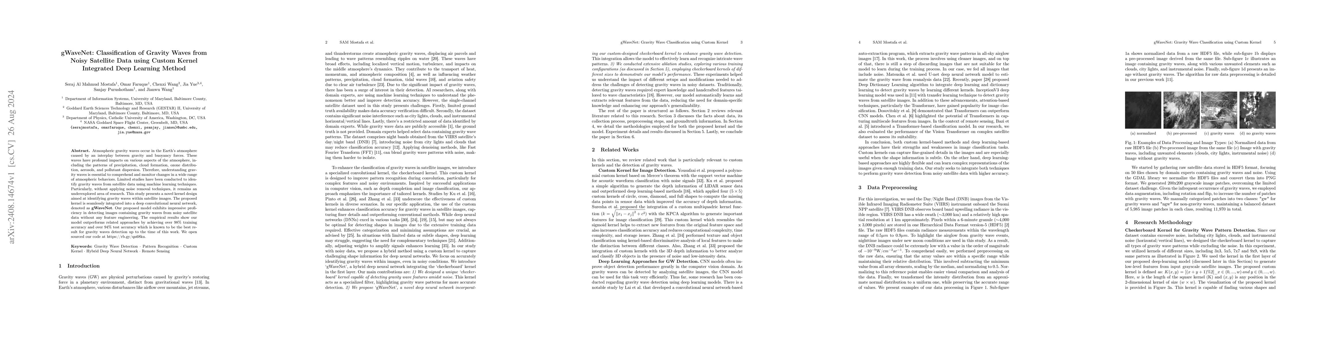 Thumbnail for gWaveNet: Classification of Gravity Waves from Noisy Satellite Data
  using Custom Kernel Integrated Deep Learning Method