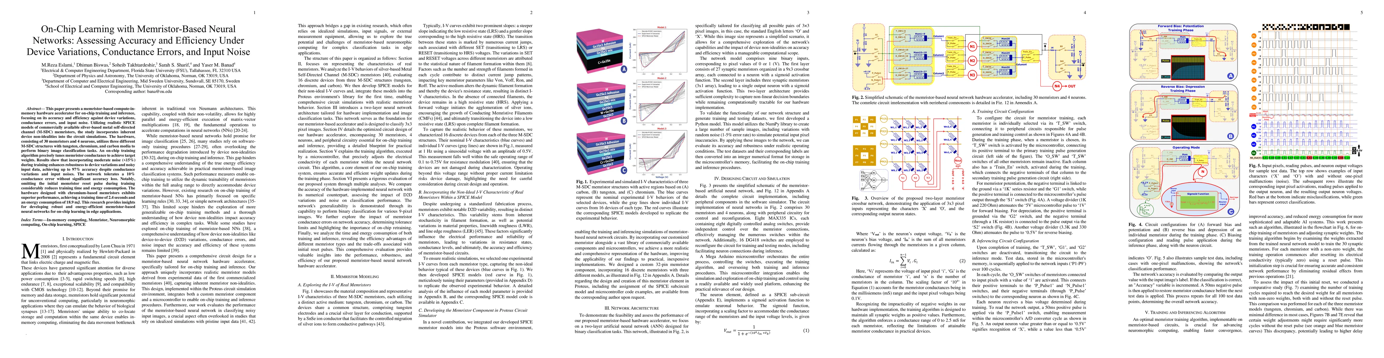 Thumbnail for On-Chip Learning with Memristor-Based Neural Networks: Assessing
  Accuracy and Efficiency Under Device Variations, Conductance Errors, and
  Input Noise