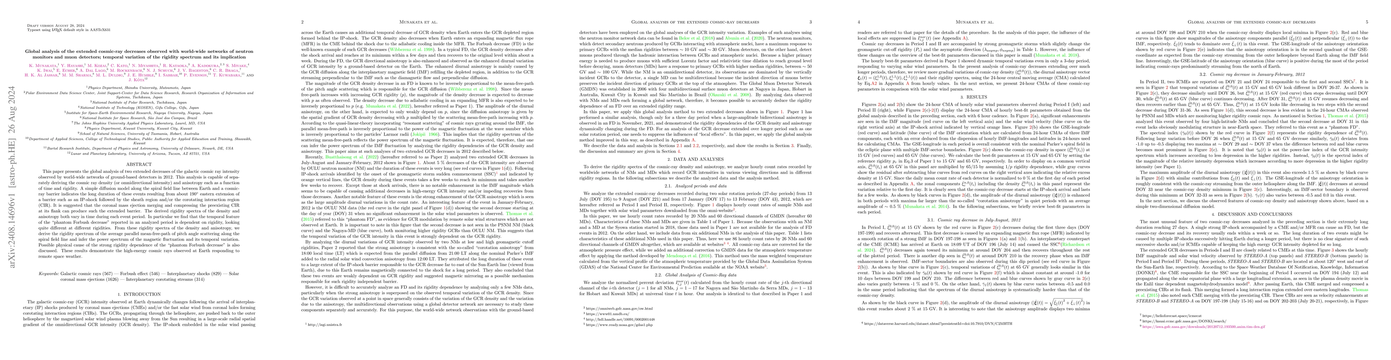 Thumbnail for Global analysis of the extended cosmic-ray decreases observed with
  world-wide networks of neutron monitors and muon detectors; temporal
  variation of the rigidity spectrum and its implication