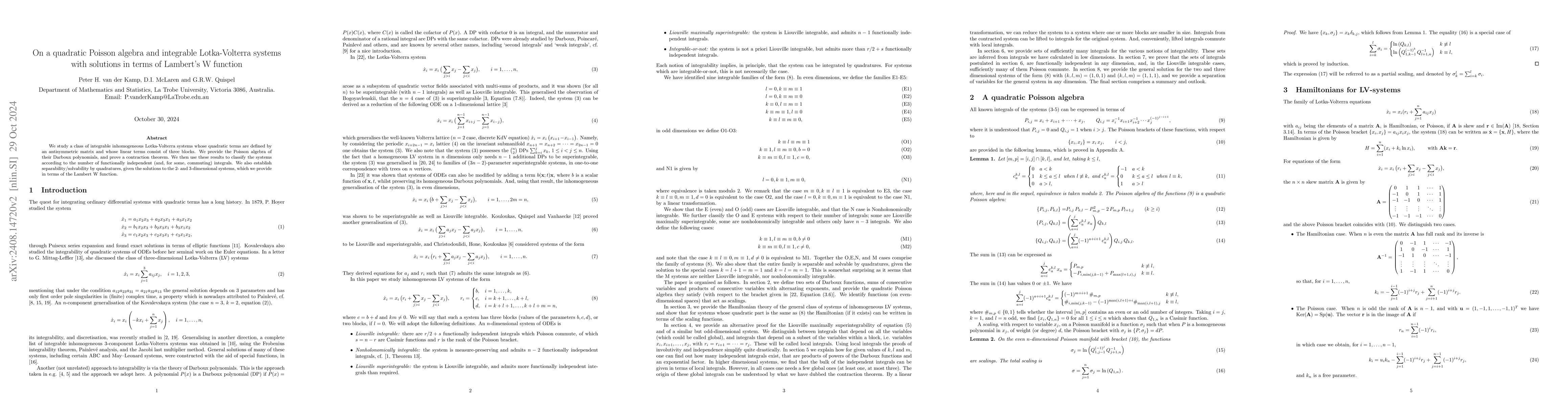 Thumbnail for On a quadratic Poisson algebra and integrable Lotka-Volterra systems
  with solutions in terms of Lambert's W function