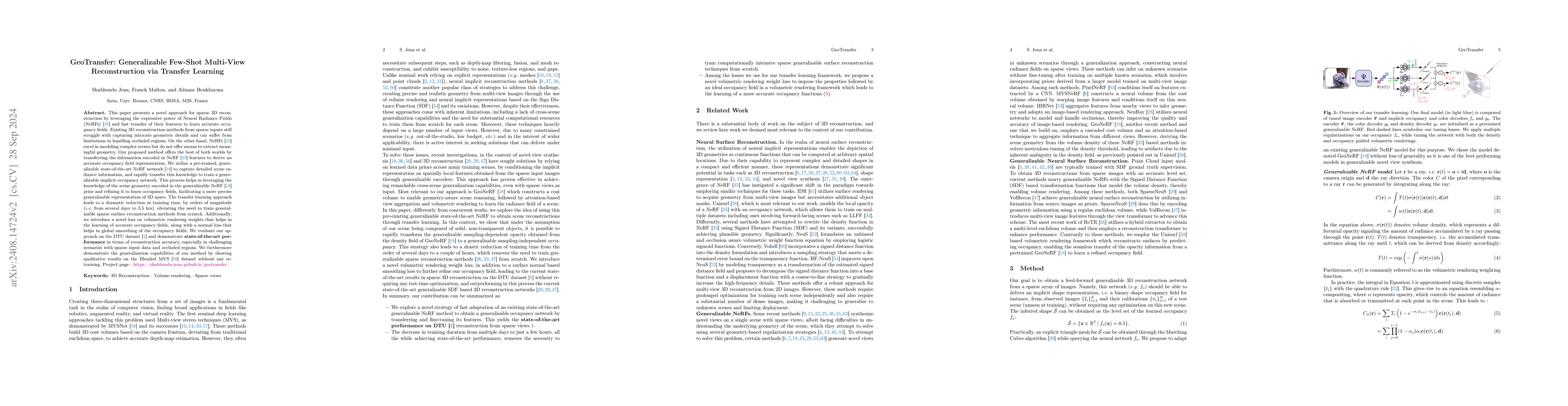 Thumbnail for GeoTransfer : Generalizable Few-Shot Multi-View Reconstruction via
  Transfer Learning