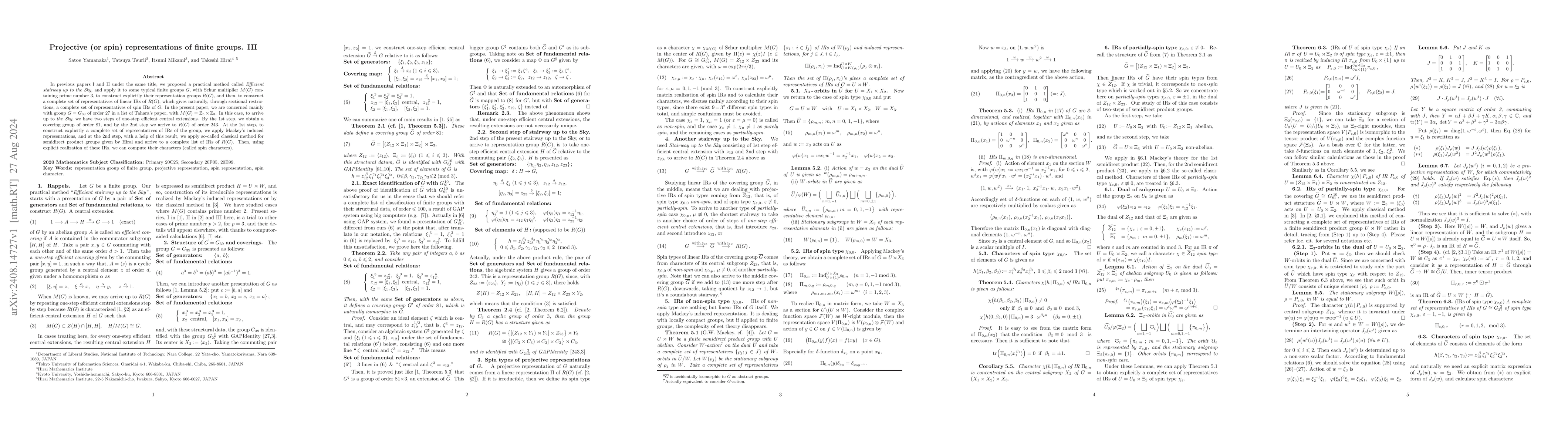 Thumbnail for Projective (or spin) representations of finite groups. III