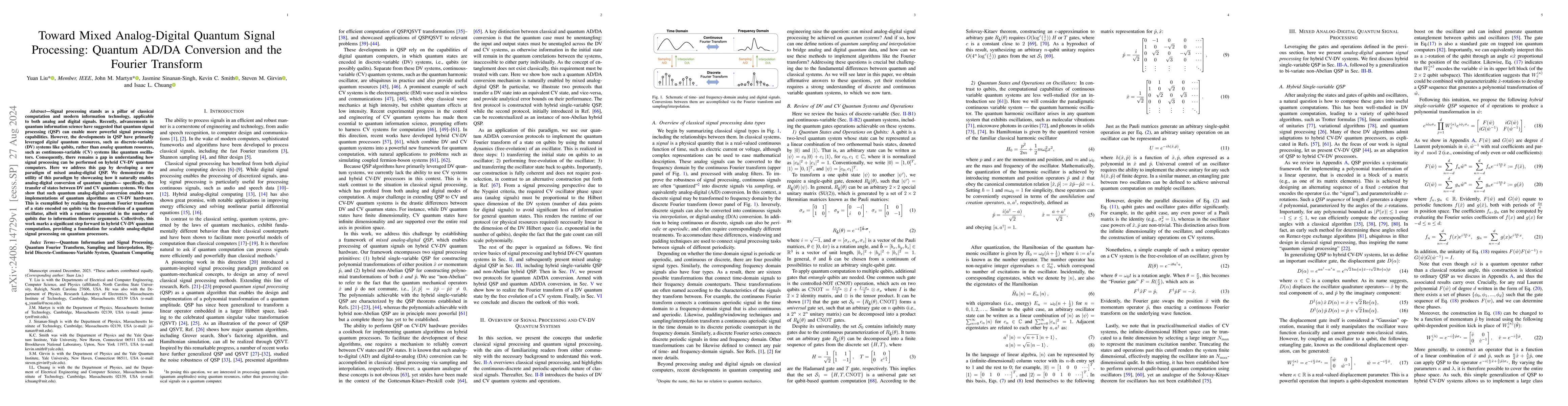 Thumbnail for Toward Mixed Analog-Digital Quantum Signal Processing: Quantum AD/DA
  Conversion and the Fourier Transform