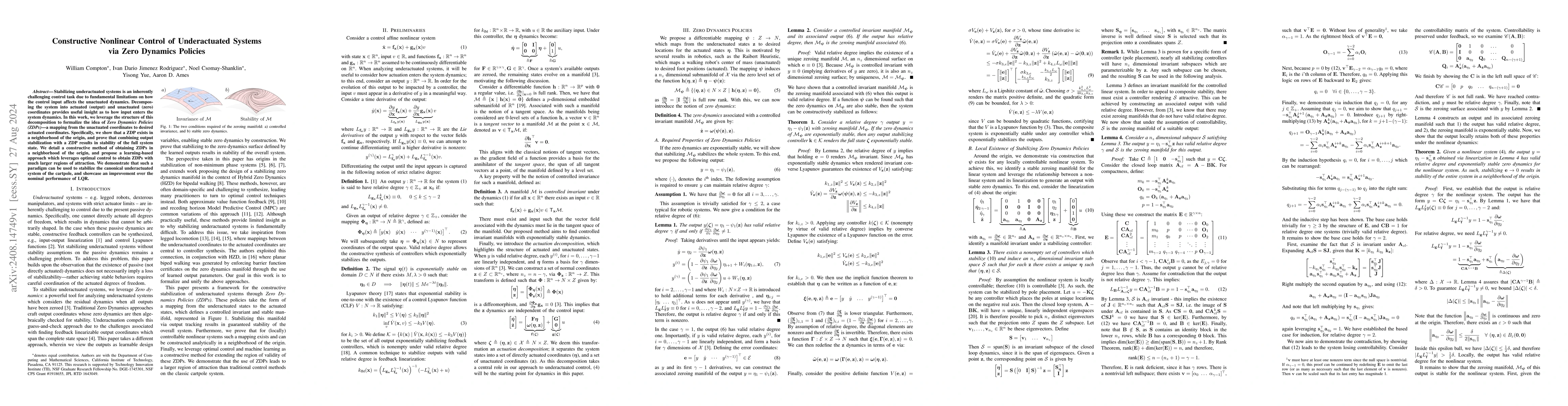 Thumbnail for Constructive Nonlinear Control of Underactuated Systems via Zero
  Dynamics Policies