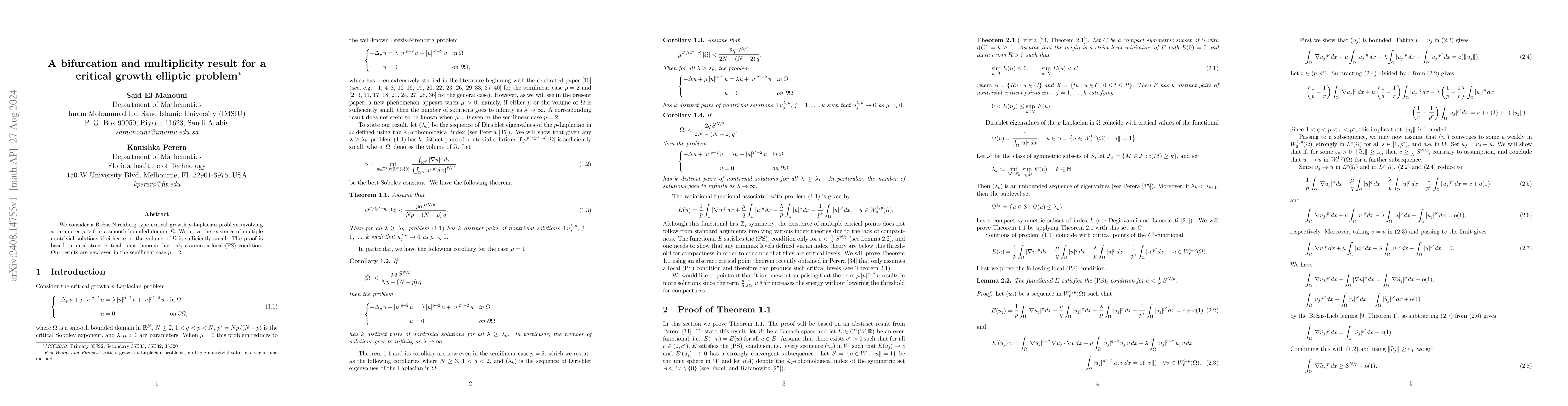 Thumbnail for A bifurcation and multiplicity result for a critical growth elliptic
  problem