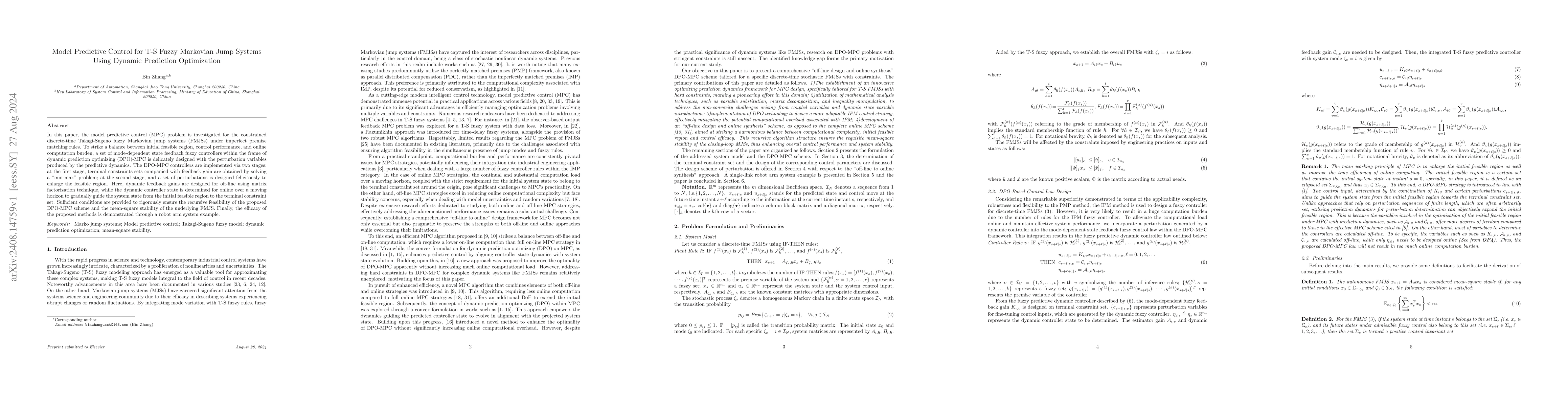Thumbnail for Model Predictive Control for T-S Fuzzy Markovian Jump Systems Using
  Dynamic Prediction Optimization