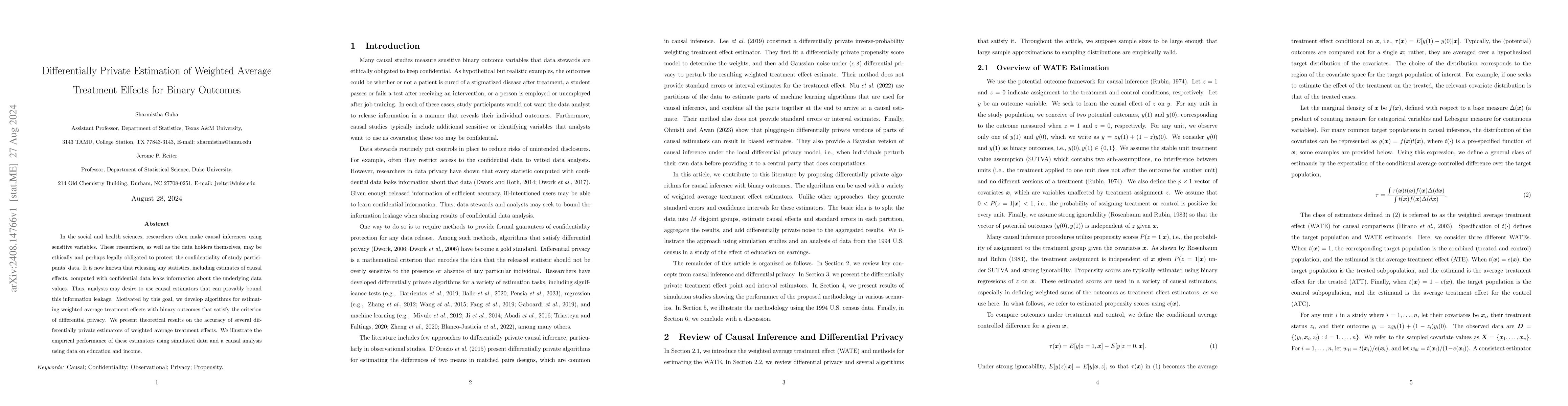 Thumbnail for Differentially Private Estimation of Weighted Average Treatment Effects
  for Binary Outcomes