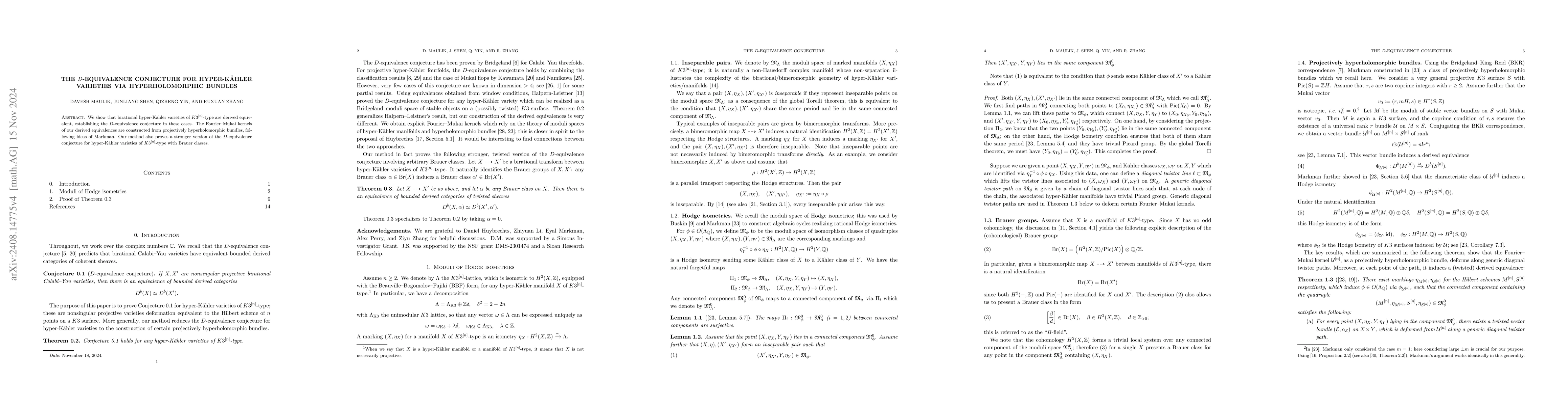 Thumbnail for The D-equivalence conjecture for hyper-KĂ¤hler varieties via
  hyperholomorphic bundles