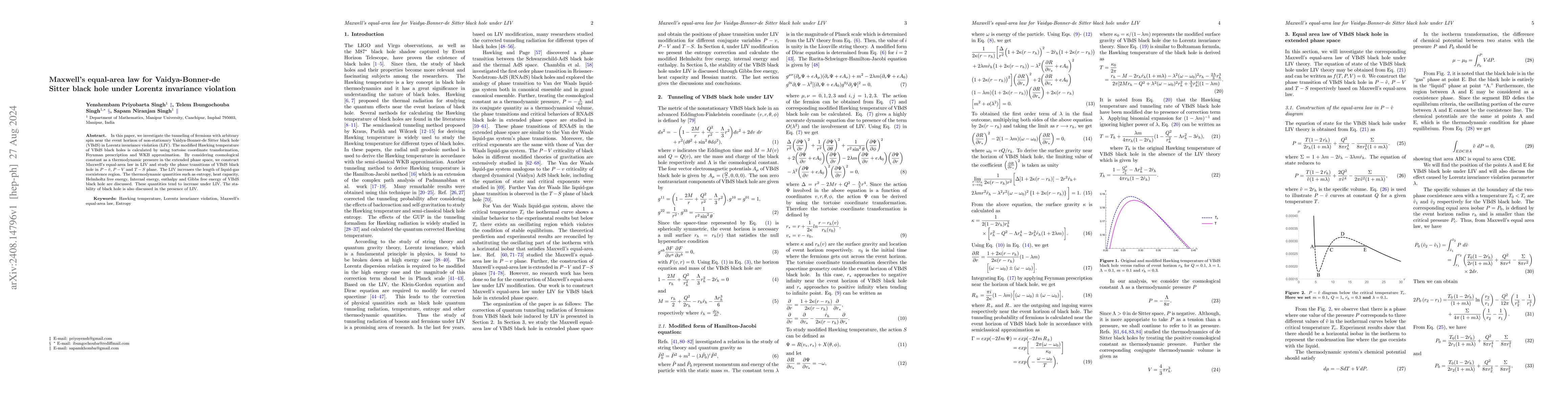 Thumbnail for Maxwell's equal-area law for Vaidya-Bonner-de Sitter black hole under
  Lorentz invariance violation