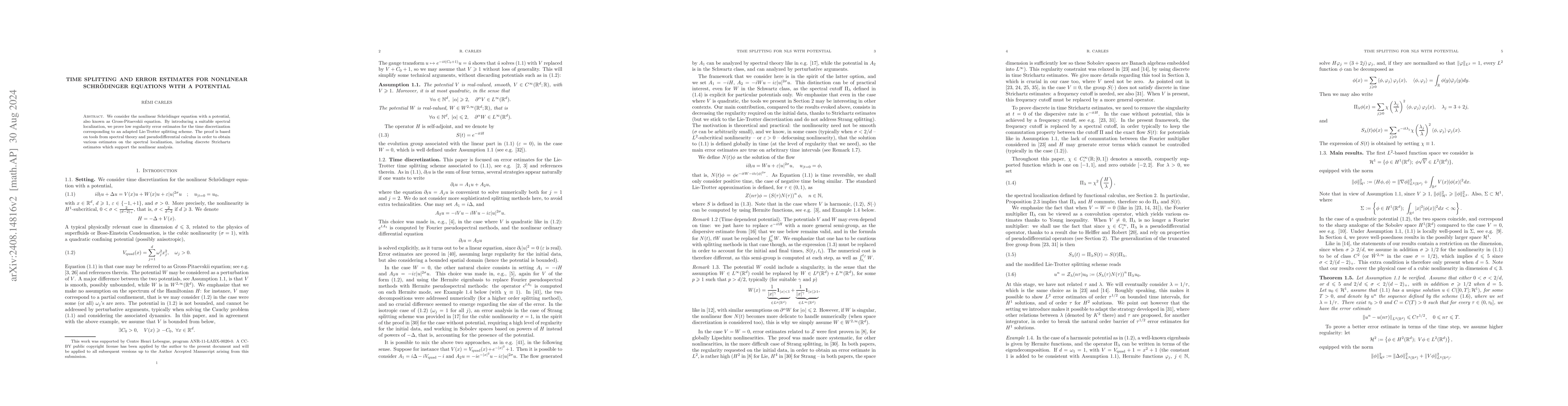 Thumbnail for Time splitting and error estimates for nonlinear Schrodinger equations
  with a potential