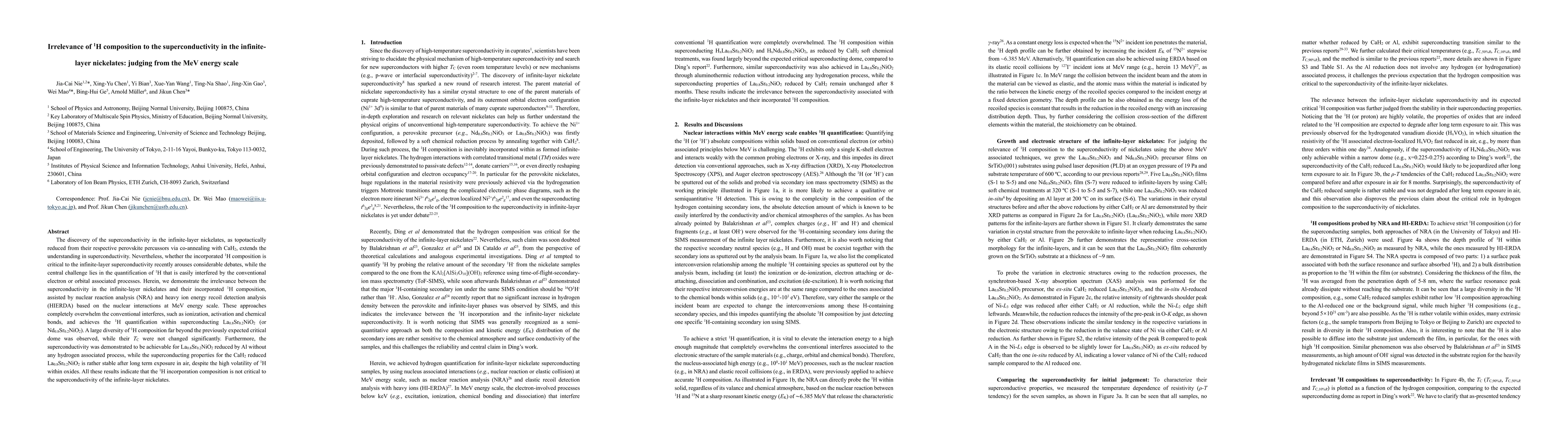 Thumbnail for Irrelevance of 1H composition to the superconductivity in the
  infinite-layer nickelates: judging from the MeV energy scale