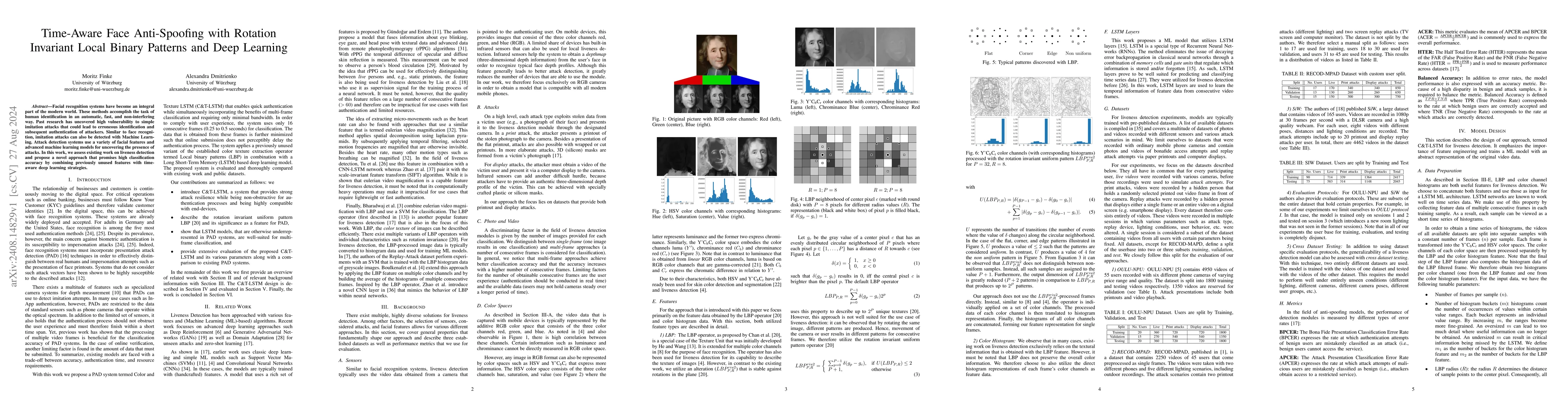 Thumbnail for Time-Aware Face Anti-Spoofing with Rotation Invariant Local Binary
  Patterns and Deep Learning