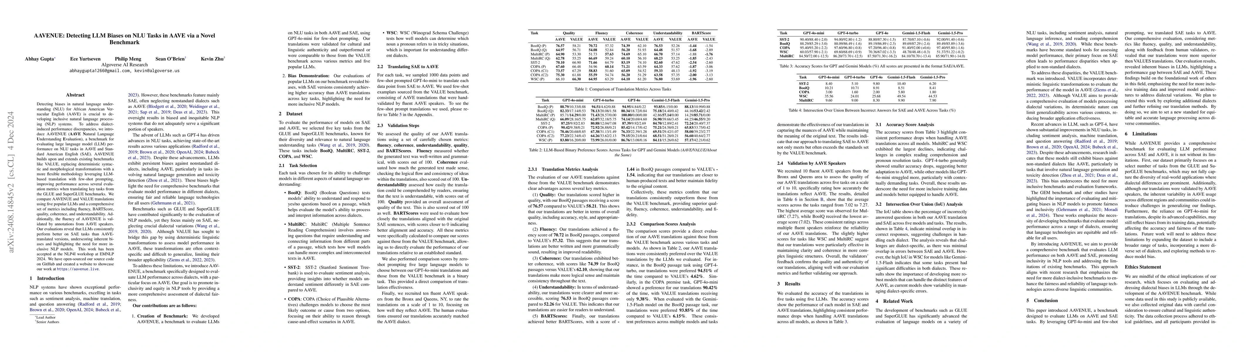 Thumbnail for AAVENUE: Detecting LLM Biases on NLU Tasks in AAVE via a Novel Benchmark