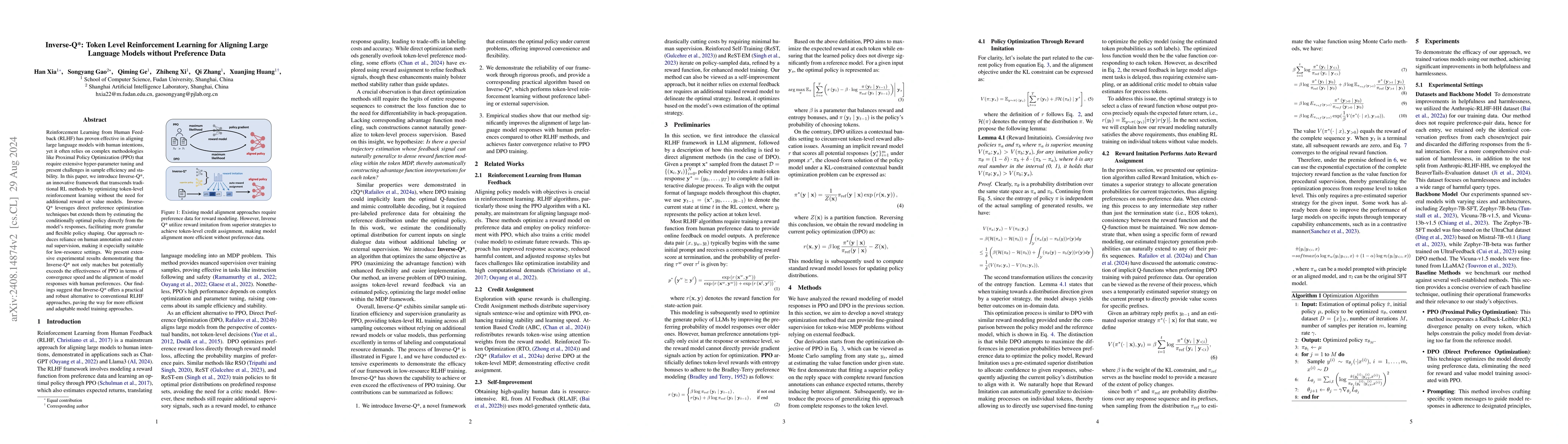 Thumbnail for Inverse-Q*: Token Level Reinforcement Learning for Aligning Large
  Language Models Without Preference Data