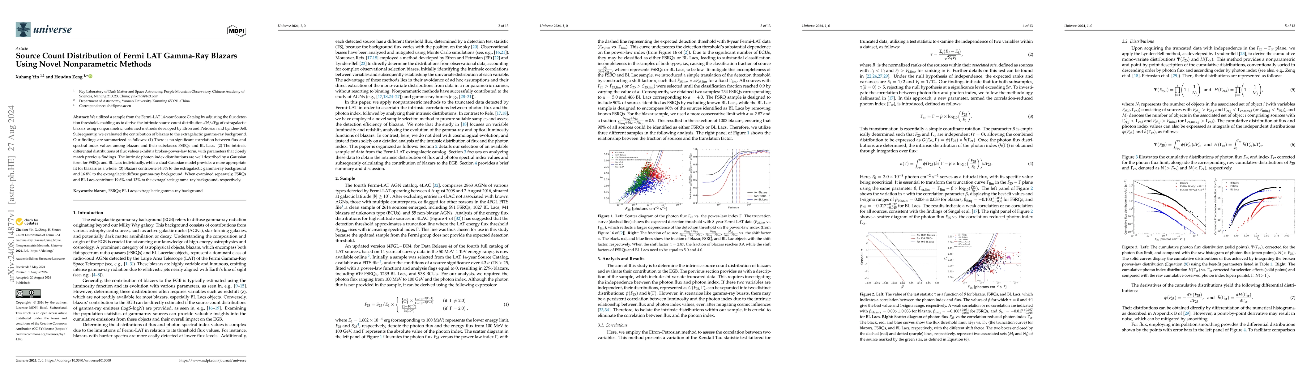Thumbnail for Source Count Distribution of Fermi LAT Gamma-Ray Blazars Using Novel
  Nonparametric Methods