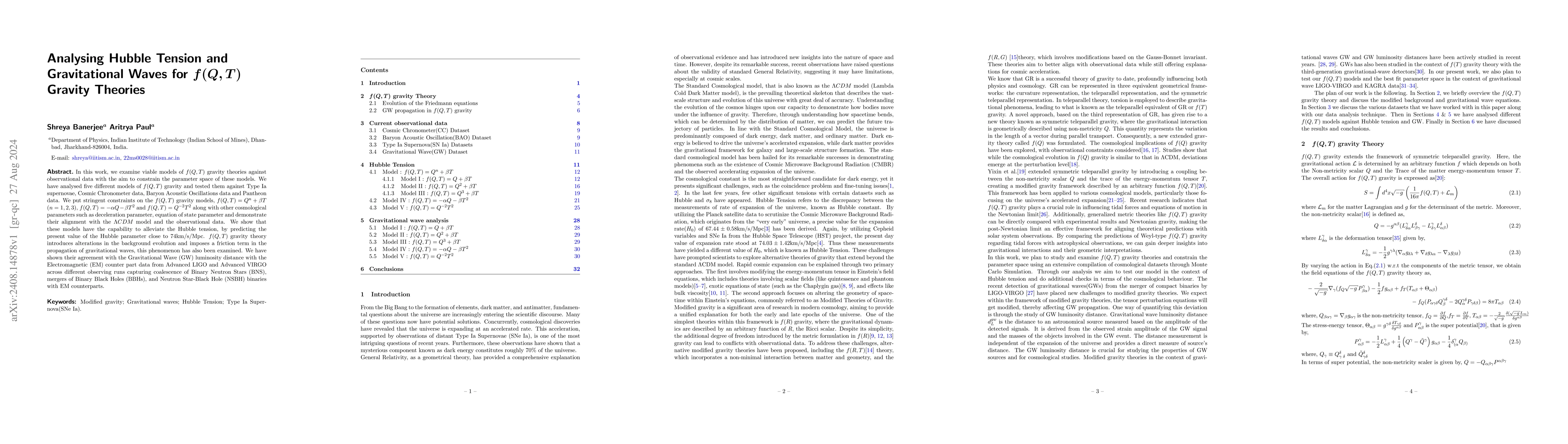 Thumbnail for Analysing Hubble Tension and Gravitational Waves for $f(Q,T)$ Gravity
  Theories