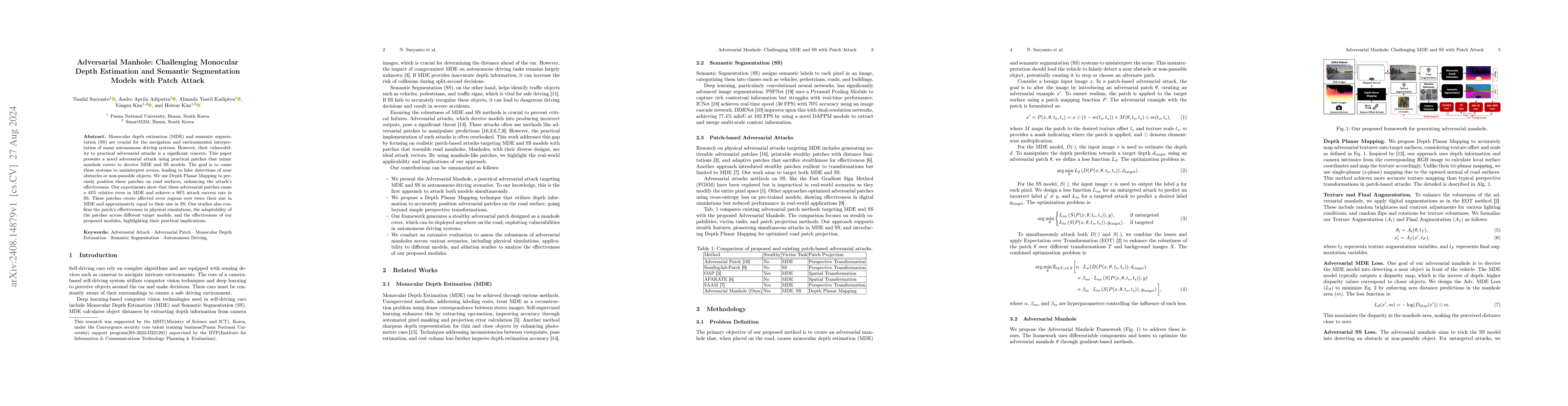 Thumbnail for Adversarial Manhole: Challenging Monocular Depth Estimation and Semantic
  Segmentation Models with Patch Attack