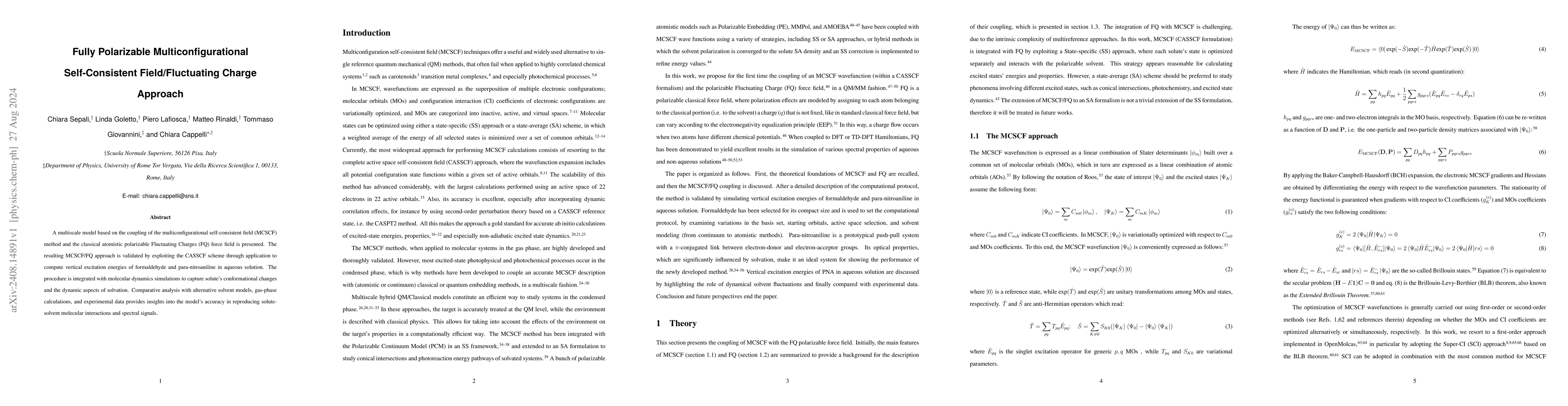 Thumbnail for Fully Polarizable Multiconfigurational Self-consistent Field/Fluctuating
  Charge Approach