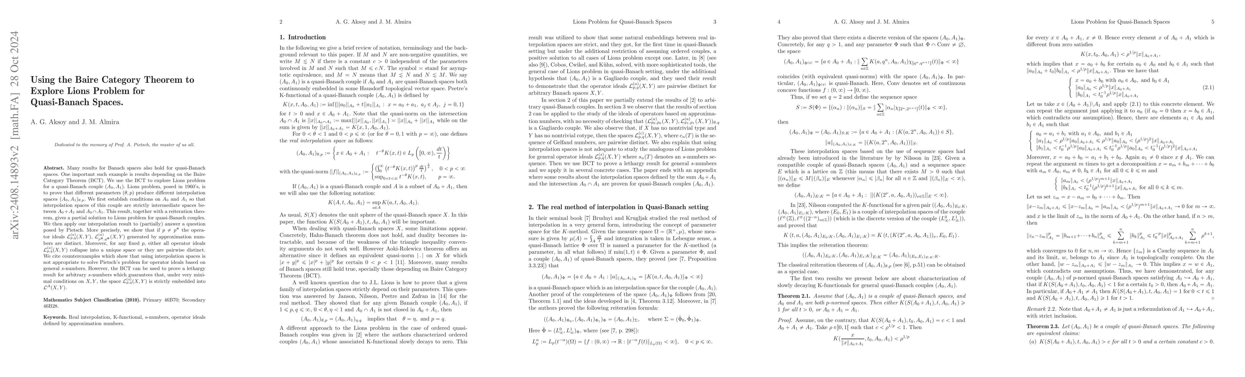 Thumbnail for Using the Baire Category Theorem to Explore Lions Problem for
  Quasi-Banach Spaces