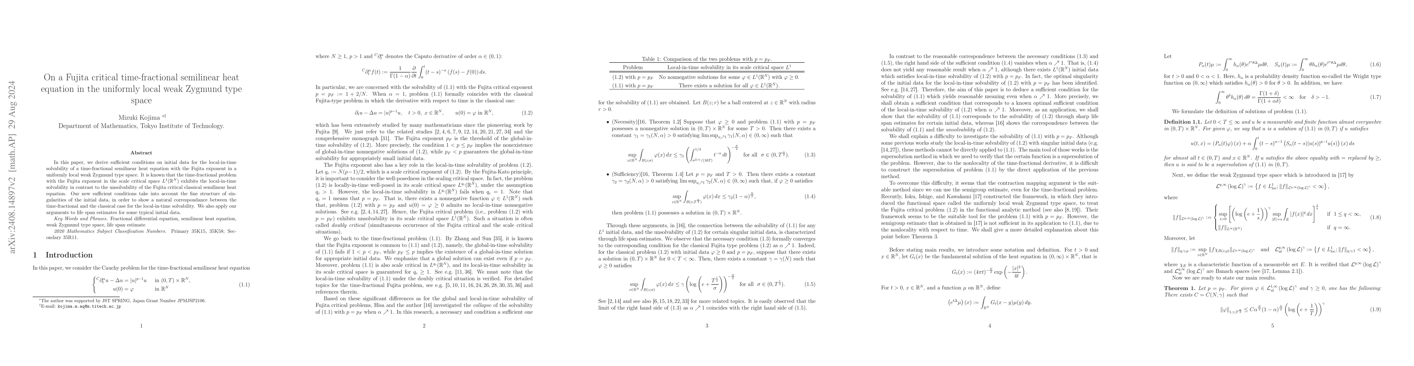 Thumbnail for On a Fujita critical time-fractional semilinear heat equation in the
  uniformly local weak Zygmund type space