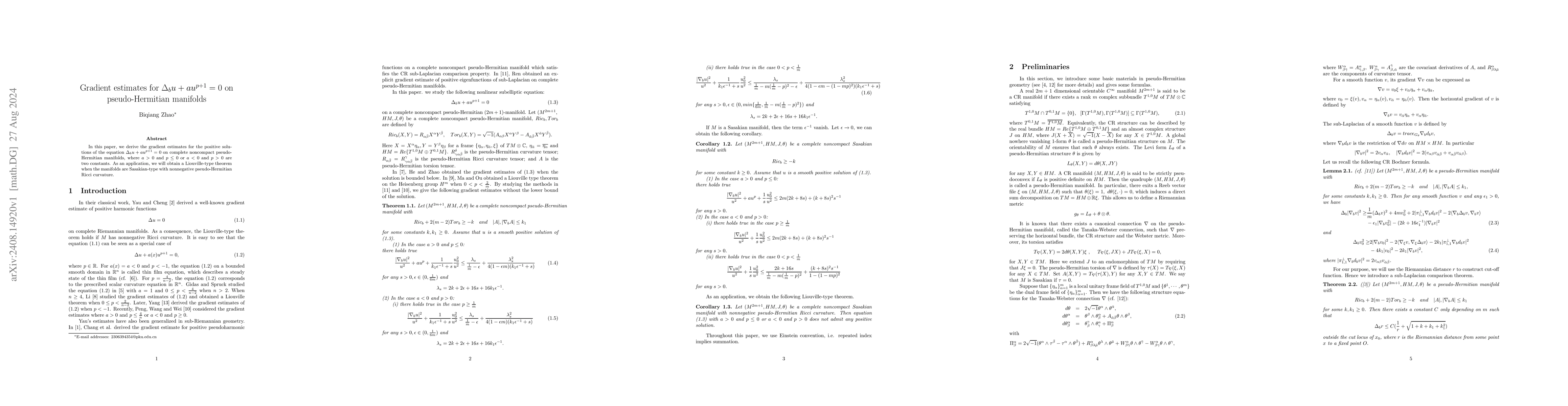 Thumbnail for Gradient estimates for $Δ_b u + au^{p+1} = 0$ on pseudo-Hermitian
  manifolds