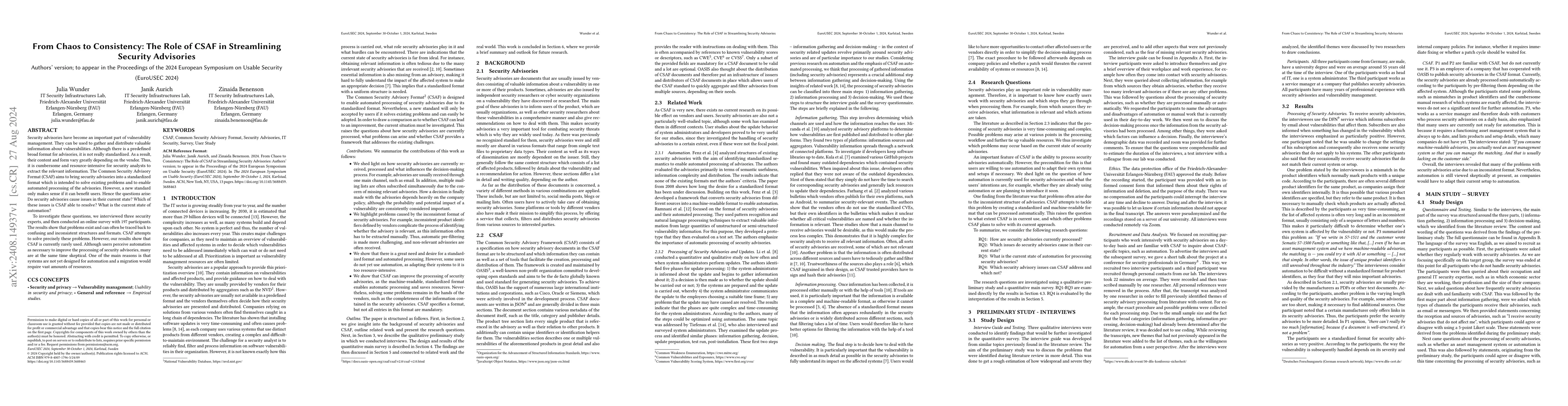 Thumbnail for From Chaos to Consistency: The Role of CSAF in Streamlining Security
  Advisories