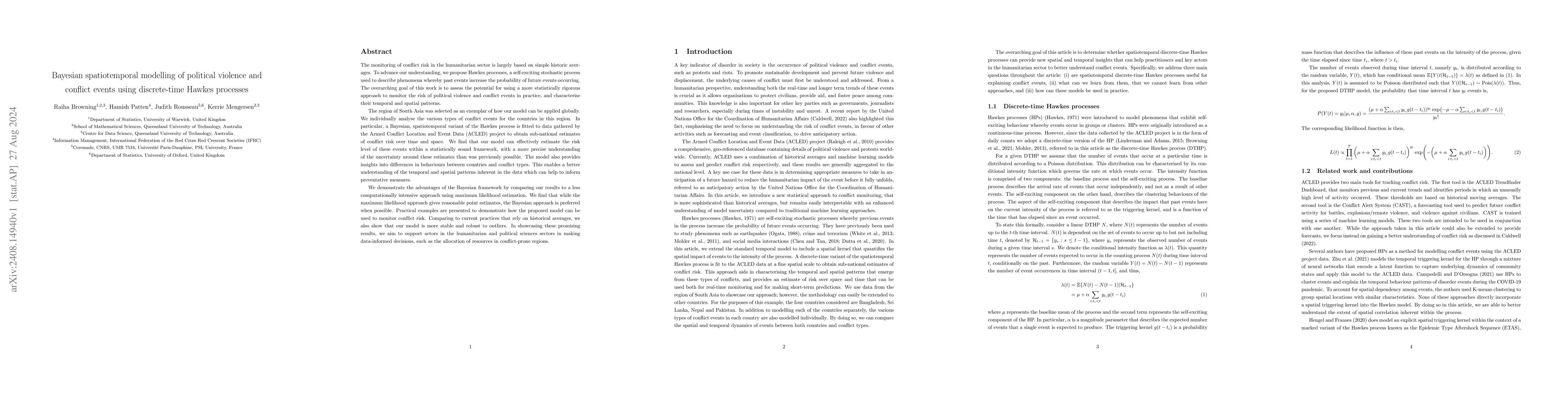 Thumbnail for Bayesian spatiotemporal modelling of political violence and conflict
  events using discrete-time Hawkes processes