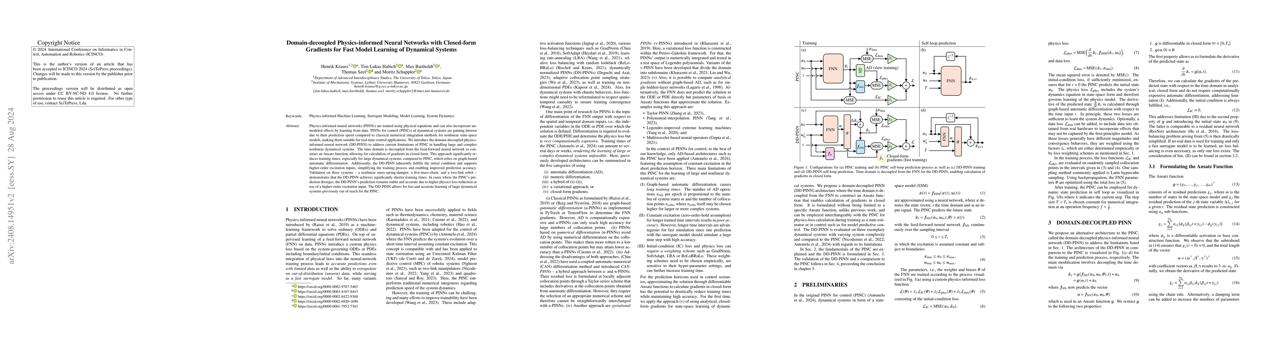 Thumbnail for Domain-decoupled Physics-informed Neural Networks with Closed-form
  Gradients for Fast Model Learning of Dynamical Systems