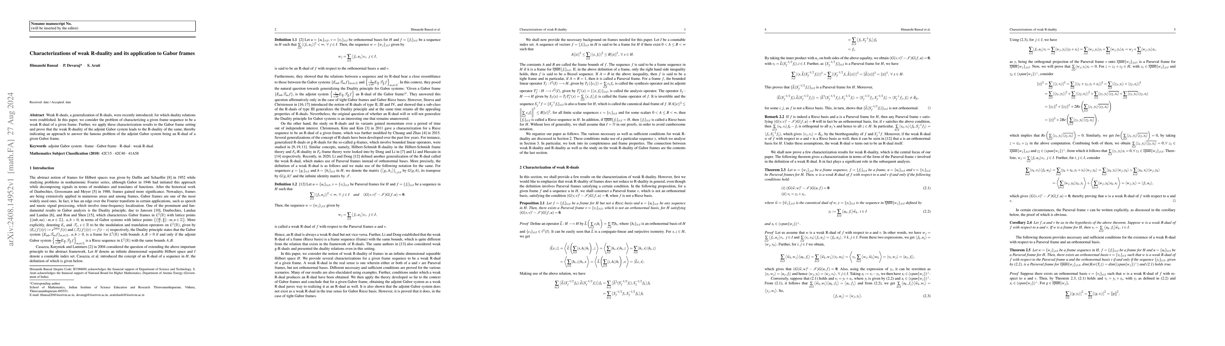 Thumbnail for Characterizations of weak R-duality and its application to Gabor frames