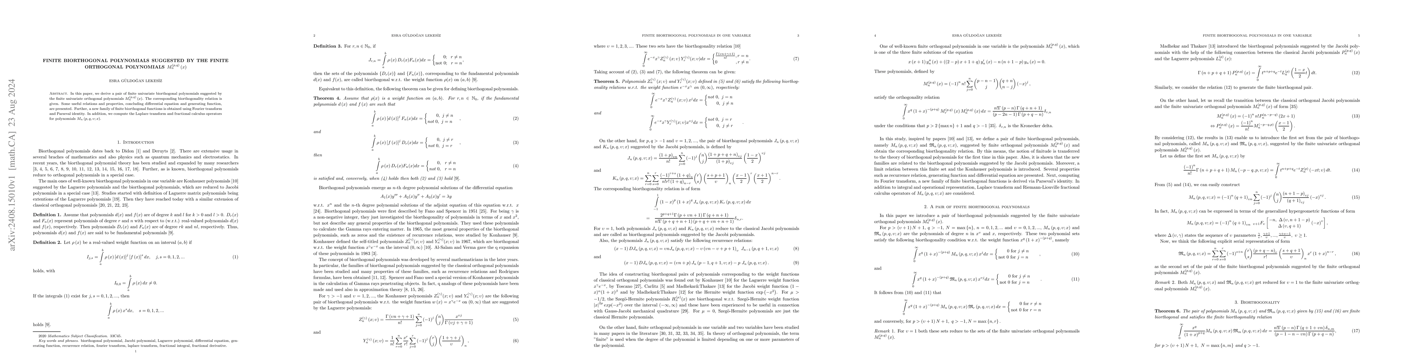Thumbnail for Finite biorthogonal polynomials suggested by the finite orthogonal
  polynomials $M_{n}^{(p,q)}(x)$