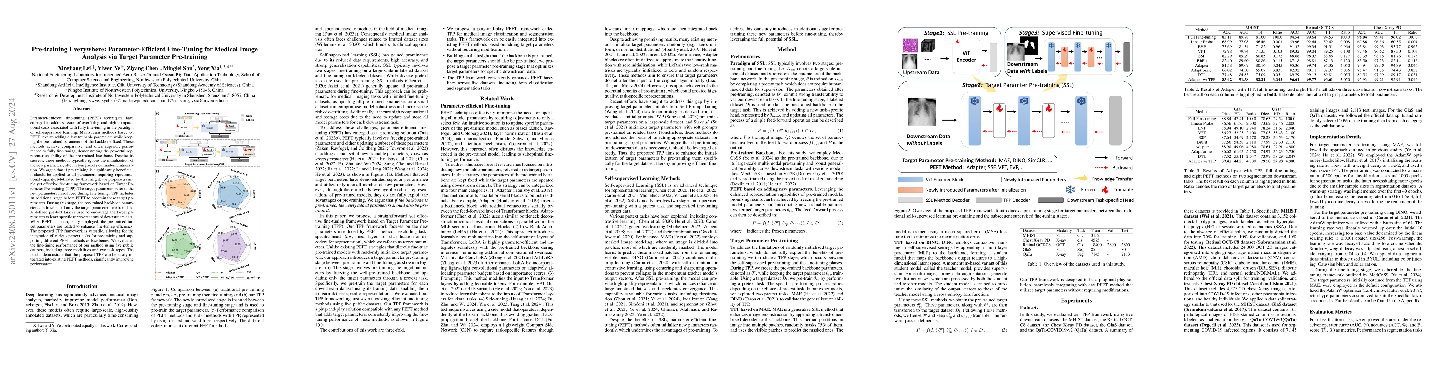 Thumbnail for Pre-training Everywhere: Parameter-Efficient Fine-Tuning for Medical
  Image Analysis via Target Parameter Pre-training