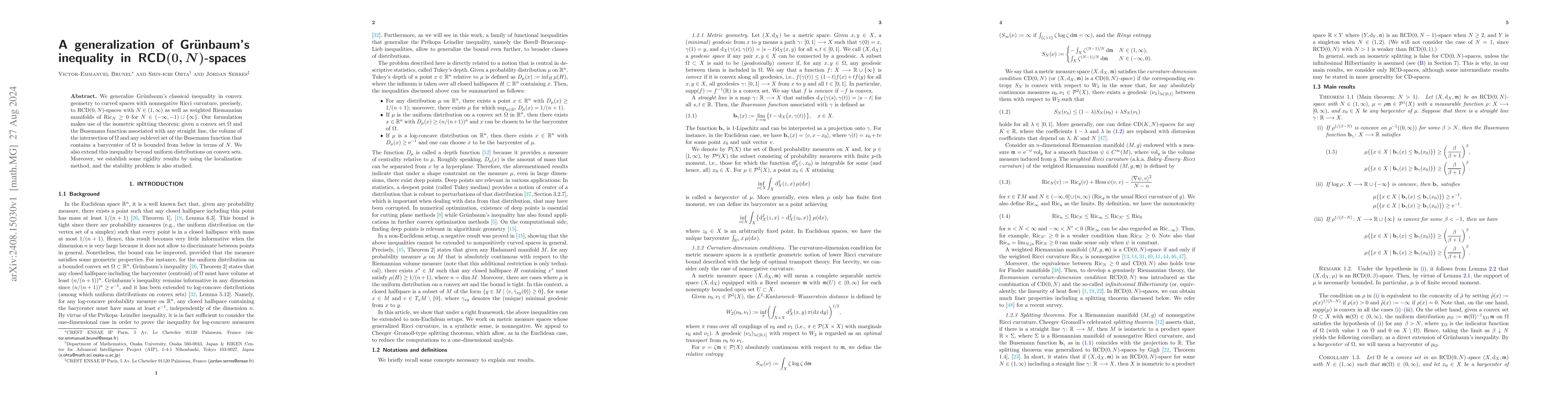 Thumbnail for A generalization of Grünbaum's inequality in RCD$(0,N)$-spaces