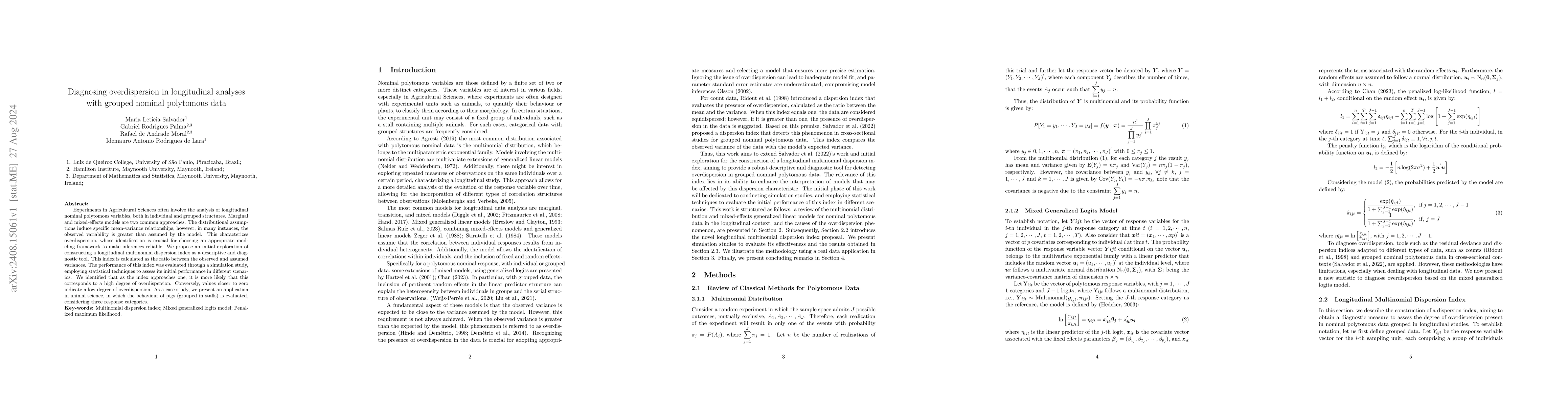 Thumbnail for Diagnosing overdispersion in longitudinal analyses with grouped nominal
  polytomous data