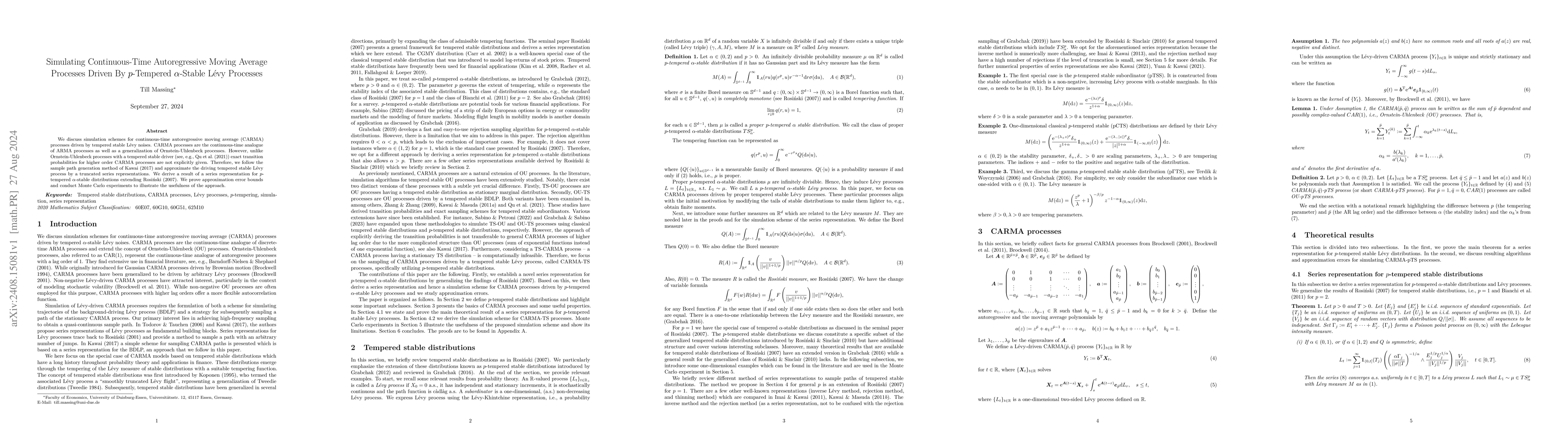 Thumbnail for Simulating Continuous-Time Autoregressive Moving Average Processes
  Driven By p-Tempered α-Stable Lévy Processes