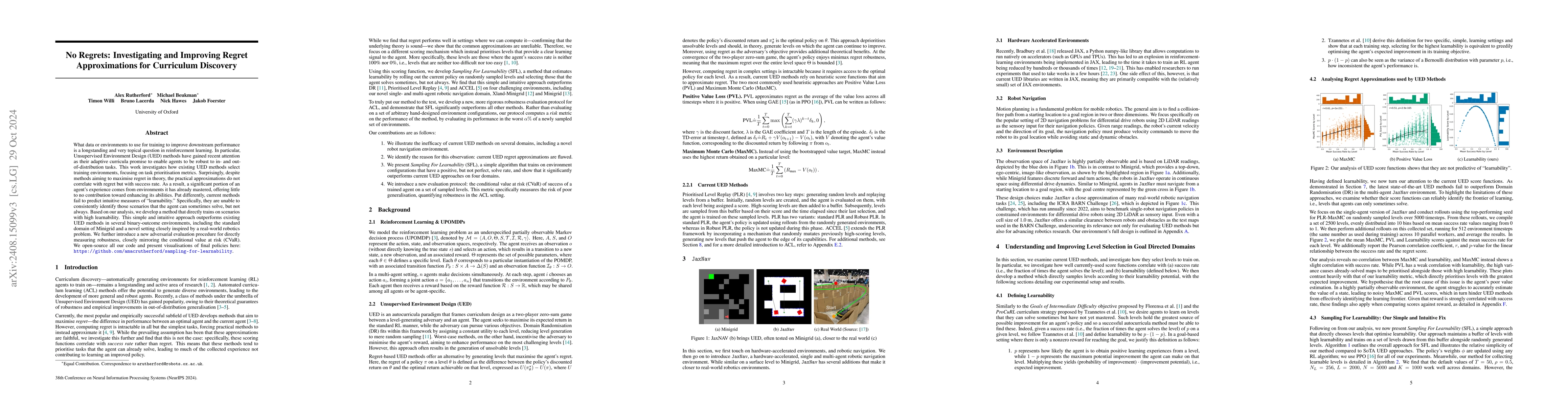 Thumbnail for No Regrets: Investigating and Improving Regret Approximations for
  Curriculum Discovery