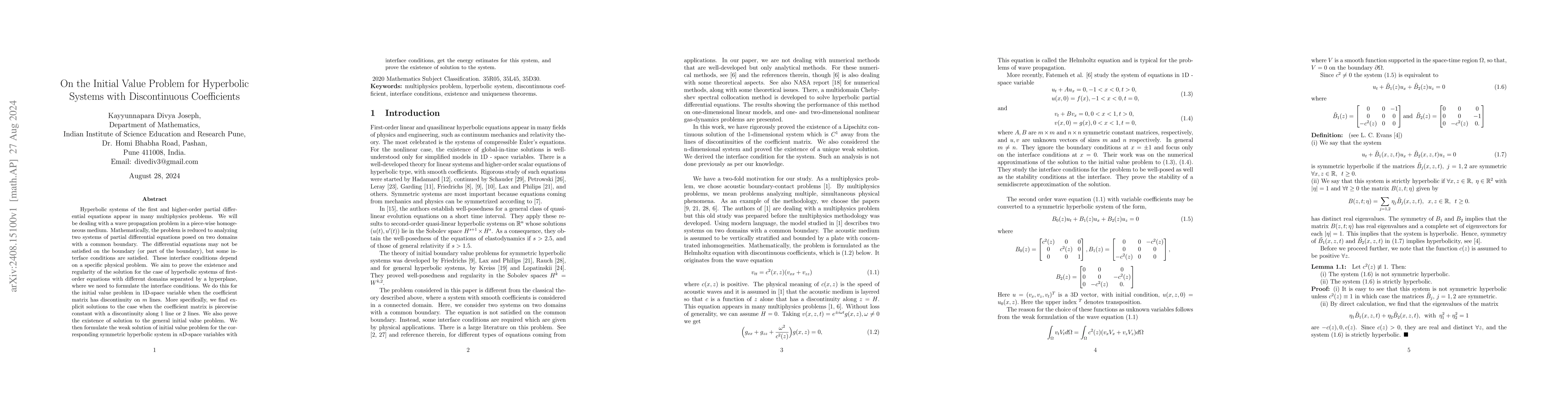 Thumbnail for On the Initial Value Problem for Hyperbolic Systems with Discontinuous
  Coefficients