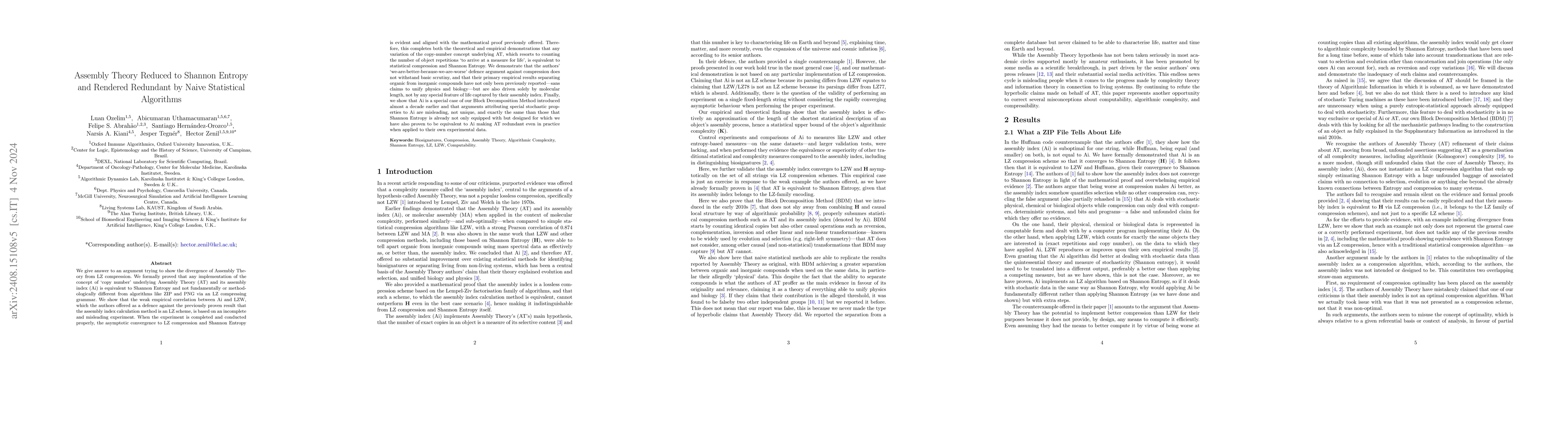 Thumbnail for Assembly Theory Reduced to Shannon Entropy and Rendered Redundant by
  Naive Statistical Algorithms