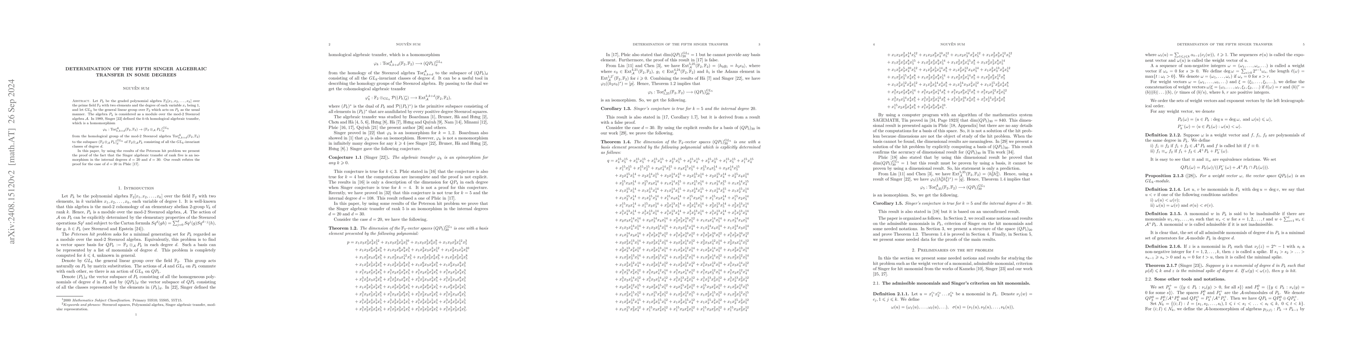 Thumbnail for Determination of the fifth Singer algebraic transfer in some degrees